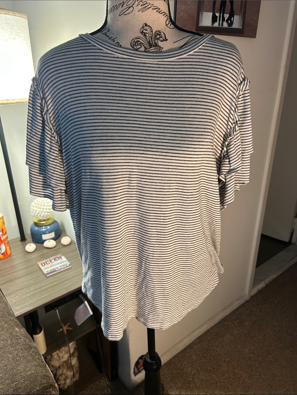 Green Envelope Black and White Striped Ruffle Sleeve Tee